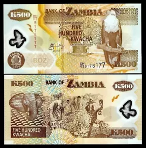 Zambia 500 KWACHA P-43 2006 UNC Zambian ELEPHANT Fish Eagle POLYMER Money NOTE - Picture 1 of 3