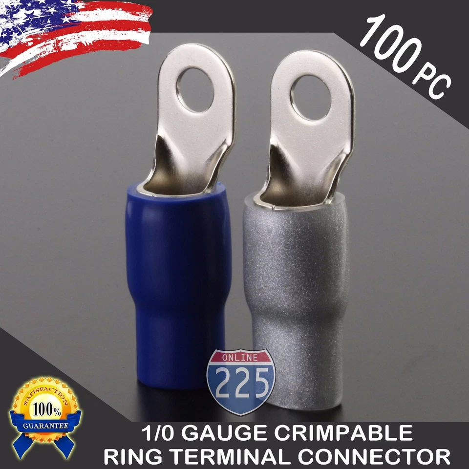 0 Gauge Platinum Ring Terminal 100 Pack 1/0 AWG Wire Crimp Blue Silver Boot 3/8" - Image 1 of 1