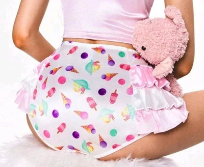 Cute Girly Glossy Ice Cream Print Ruffle Delight Sissy Panties Knickers S 8 - Image 1 of 4