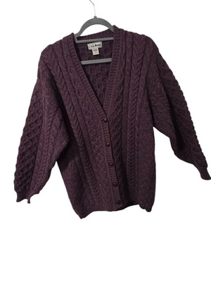 Cárdigan de pescador irlandés de lana LL Bean vintage tejido a mano suéter púrpura M Foto 1 de 4