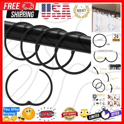 24 Pcs Black Rustproof Shower Curtain Hooks - Easy Glide O-Shaped Rings - Image 1 of 4