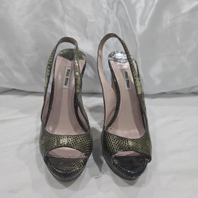 $680 Miu Miu Green leopard Leather Curved Heel Open Toe Vernice PF Pumps Sz 38 - Image 1 of 4