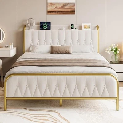 Marco de cama de terciopelo de tamaño completo con estación de carga, plataforma cama con hasta Foto 1 de 4