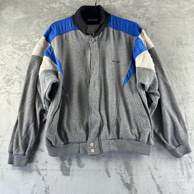 Jaqueta de atletismo masculina vintage Pierre Cardin L cinza branco azul bloco de cores com zíper. - Imagem 1 de 4