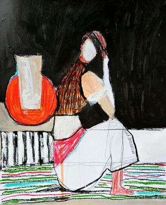 Original Painting Art  Abstract Cubist Woman Figure Portrait 17x14 Mixed media - Image 1 of 4