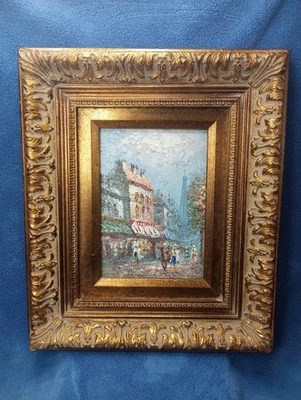 Pintura al óleo impresionista de escena callejera de París de colección elaborada marco dorado Foto 1 de 4