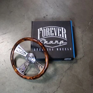 14" Polished Flaming Pine Billet Flame Muscle Steering Wheel - Picture 1 of 5