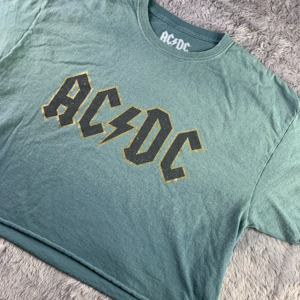 ACDC Shirt Womens Large Green Crop Top Rock Band Music Festival Retro 80s Tee - Image 1 of 4
