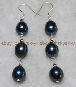 NATURAL 10-11MM TAHITIAN REAL BLACK CULTURED PEARL DANGLE EARRING SILVER HOOK - Picture 1 of 1
