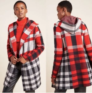 ANTHROPOLOGIE Field Flower Cressida Wool Sweater Coat L Plaid Jacket Red Black - Picture 1 of 12