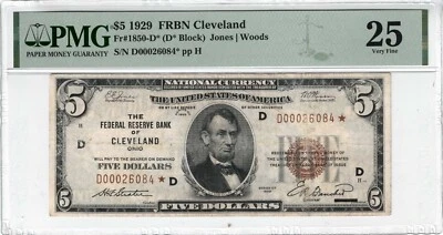 1929 $5 THE FEDERAL RESERVE BANK OF CLEVELAND OHIO OH - D0002084* STAR NOTE! PMG - Image 1 of 2