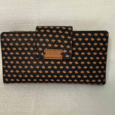Cartera RFID con pestañas plegables FOSSIL; patrón geométrico negro/bronceado/crema; 12 ranuras para tarjetas Foto 1 de 4