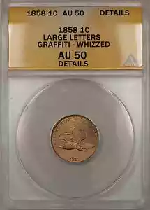 1858 Flying Eagle 1C Coin Large Letters Graffiti Whizzed ANACS AU-50 Detail - Picture 1 of 2