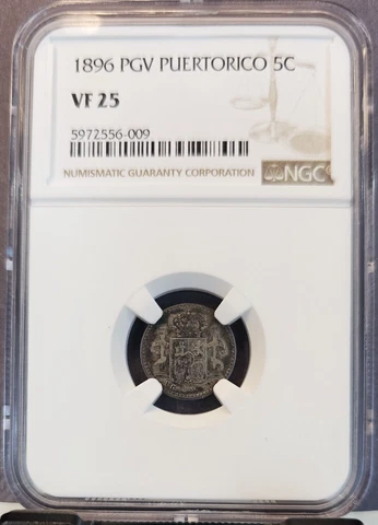 1896 PUERTO RICO SILVER 5 CENTAVOS PILLARS OF HERCULES NGC VF 25 SCARCE Cover
