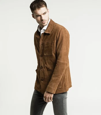 Brown Leather Trucker Jacket for Men Pure Suede Custom Made Size S M L XXL 3XL - Image 1 of 4