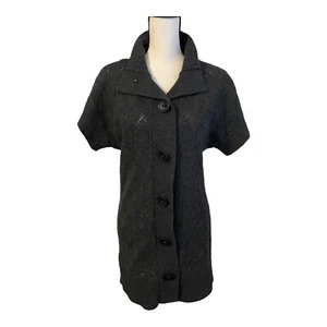Trina Turk Cardigan Size Medium Gray Short Sleeves Pointelle Knit Wool Cashmere - Picture 1 of 6