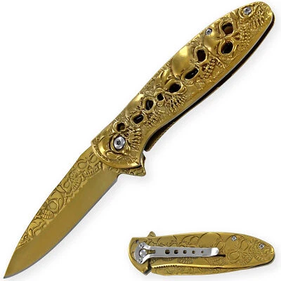 King of Underworld Skull Knife Spring Assisted Gold Pocket EDC Blade - Image 1 of 4