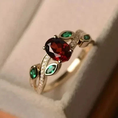 14K Yellow Gold Plated 2Ct Oval Cut Lab Created Red Ruby Women's Engagement Ring - Image 1 of 4