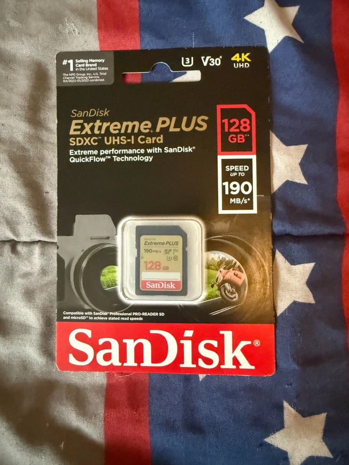 Tarjeta de memoria SD SanDisk Extreme Plus 128 GB UHS-I V30 U3 Clase 10 190 MB/s SDSDXW5 Foto 1 de 1
