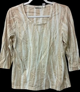 Chico's 1, M Top Beige Blanco Rayas Cuello Redondo Metalizado Brillo Manga 3/4 - Imagen 1 de 6