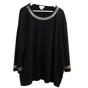 Tia black long sleeve top with silver studded embelishments, Cotton,Plus size 3X - Picture 1 of 6