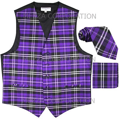 New Vesuvio Napoli Men's plaid Tuxedo Vest Waistcoat_Necktie & Hankie set Purple - Image 1 of 4