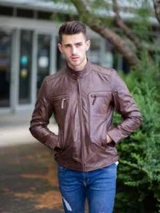 Mens Leather Jacket Slim Fit Biker Motorcycle Genuine Lambskin Jacket Coat Brown - Picture 1 of 7