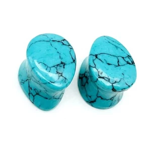 Blue Turquoise Teardrop Ear Plugs, Double Flare Handmade PAIR Size 3MM to 30MM - Picture 1 of 6