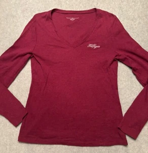 Tommy Hilfiger T-Shirt Women’s Large Embroidered Script Logo Long Sleeve V-Neck - Picture 1 of 9