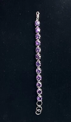 "Pulsera de cristal púrpura plateado 12 piedras LG 8,25"" L 38 g gancho de langosta esterlina" Foto 1 de 4