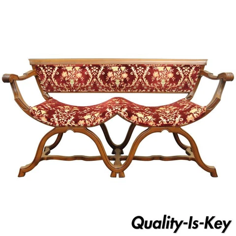 Vintage Hollywood Regency Double Curule X-Frame Settee Savonarola Bench Chair Cover