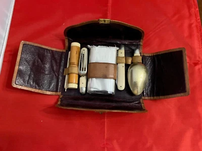 Antique Travel Leather Case 8 Piece Cutlery Set with drinking glass & Napkin - Image 1 of 4
