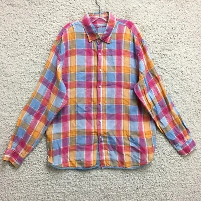 Report Collection Button Up Shirt Extra Large Adult Yellow Pink Linen Madras Men - Image 1 of 4