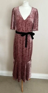 Monsoon Dusky Pink Devore Velvet Tahani Jaipur Midi Dress Size 14 BNWT £120 Belt - Picture 1 of 10