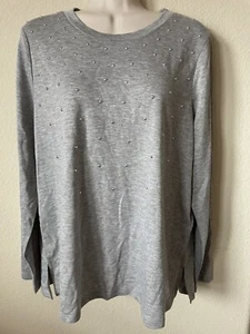 NWT Michael Kors Gray Silver Studded Scoop Neck Long Sleeve Womens Blouse Size L - Picture 1 of 7
