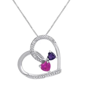 Lab Created Pink Sapphire with Amethyst and Diamond Pendant in Sterling Silver - Picture 1 of 2