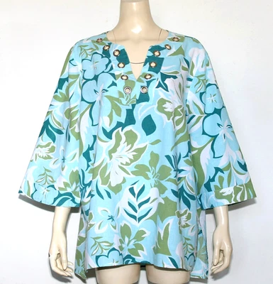 Túnica OSO Casuals Multicolor Floral Mezcla de Lino Manga Larga Ojales Plateados 2X Foto 1 de 4