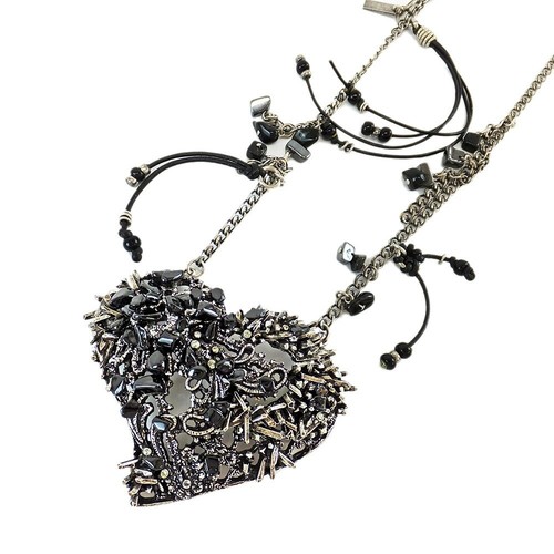 SAINT LAURENT (YSL) Y0716 Saint Laurent Collana con Ciondolo Cuore Lungo Catena Argento Nero P