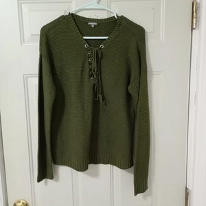 Charlotte Russe Womens Sz M Ribbed Knit Lace Up Sweater Green - Picture 1 of 11