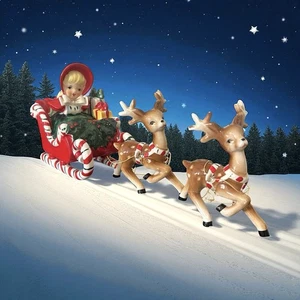 Vintage Lefton Keramik Weihnachten Mädchen Zuckerstange Schlitten 2 Rentiere Japan - Bild 1 von 24