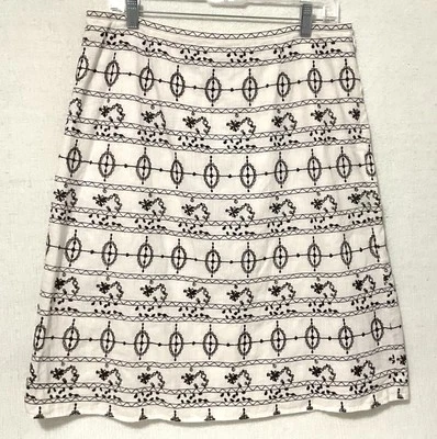 ANN TAYLOR LOFT Linen Blend Embroidered Skirt Ivory & Black Lined Size 12 - Image 1 of 4