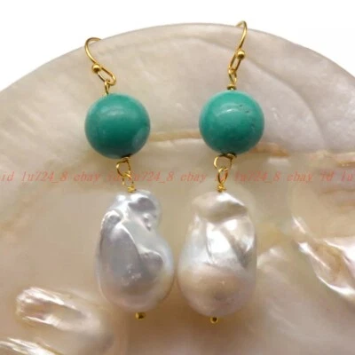 Pendientes de gancho colgantes de oro con perlas barrocas Keshi blancas turquesa verde natural de 12 mm Foto 1 de 4