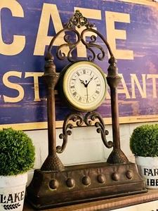 Scrolled Ornate Metal Analog Quartz Tabletop Column Clock Gothic/Patina - Picture 1 of 12