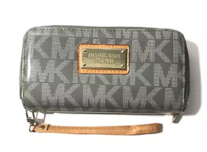 Michael Kors Jet Set Travel Large Double Zipper Grey Logo Vinyl Wristlet Wallet - Picture 1 of 9