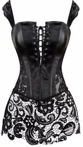 Blidece schwarzes Kunstleder Overbust Korsett Bustier & G-String Damen Plus 2XL - Bild 1 von 21