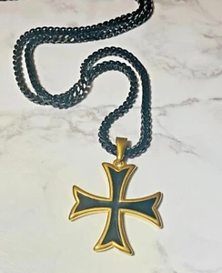 Black Enamel Maltese Cross Pendant Necklace with Gold Finish - Unique Statement - Picture 1 of 7