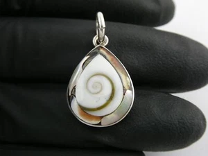 Sterling Silver Shiva Shell and Abalone Inlay Teardrop Pendant 925 3.7g 1 Inch - Picture 1 of 12