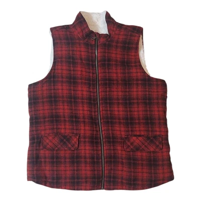 Maurices XL Red Black Plaid  Zip Up Vest Sherpa Fleece Lined Poly Wool NWT Warm - Image 1 of 4