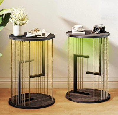Set Of 2 Black Suspended Side End Table/Night Stand w/ LED Lights & Twine Rope - Image 1 of 4