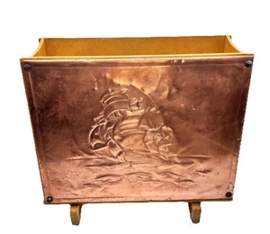 WOOD MAGAZINE RACK 15" Embossed Copper Relief Tall Ship Front Patina Nautical - Picture 1 of 12